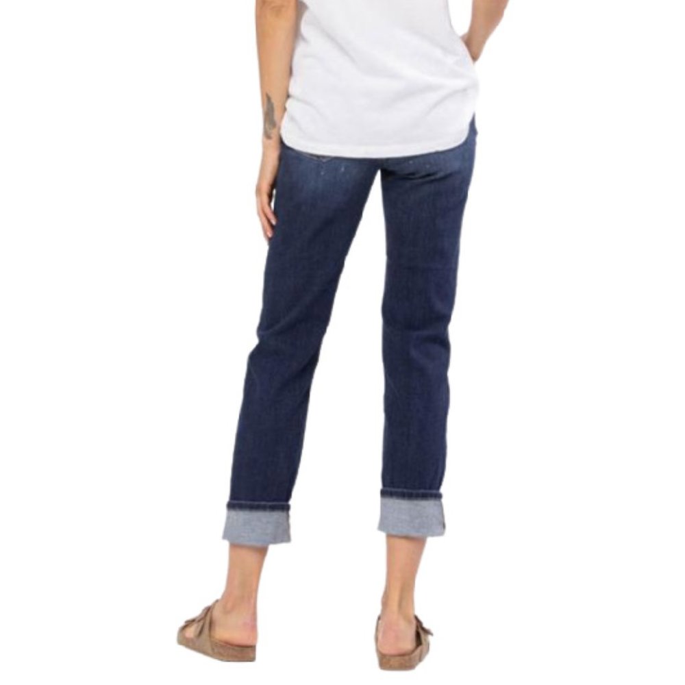 Judy Blue Mid-Rise Boyfriend Bleach Splash Destroyed Jeans - Dark Blue Wash - Picture 5 of 6